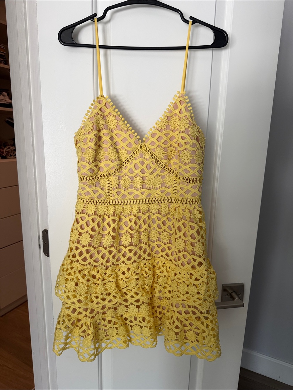 Lulu's Yellow Crochet Lace Mini Dress with Spaghetti Straps
